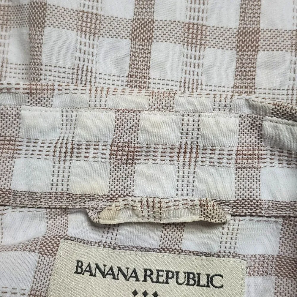 Banana Republic Dress Shirt Mens Size XL XLarge 17‎ 17 1/2 White Brown Check